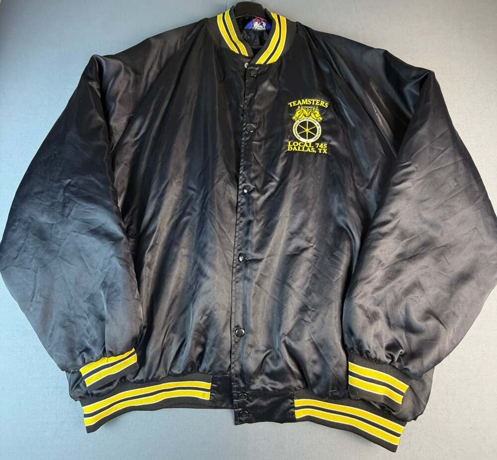 Vintage ASW Teamsters Local 745 Dallas TX Satin Varsity Bomber Jacket Black PLEA